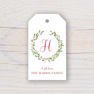 Personalized 2 x 3.5 inch Watercolor Initial Christmas Wreath Gift Tags | Custom Gift Tags