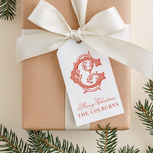 2 x 3,5 inch gepersonaliseerde kerstmonogram cadeaukaartjes | Aangepaste cadeaukaartjes | Kleurrijk familiecadeaukaartje