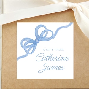 Personalized Watercolor Blue Bow Calling Card, Bow Girl Enclosure Card, Baby Gift Tag