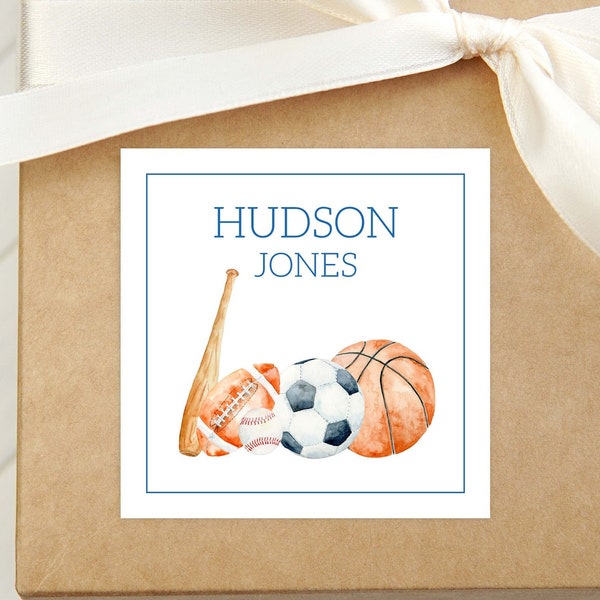 Personalized Watercolor Sports Calling Card, Boy Ball Enclosure Card, Square Sports Gift Tag