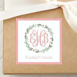 Personalized Monogram Floral Wreath Calling Card, Girl Enclosure Card, Square Gift Tag