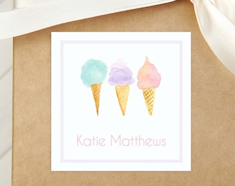Personalized Watercolor Ice Cream Calling Card, Kid Stationery Square Card, Summer Girl Gift Tag