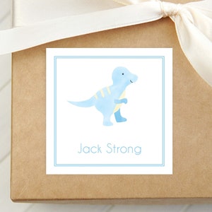 Cartão de visita personalizado de dinossauro em aquarela, cartão para meninos, etiqueta de presente quadrada