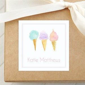 Personalized Watercolor Ice Cream Calling Card, Kid Stationery Square Card, Summer Girl Gift Tag