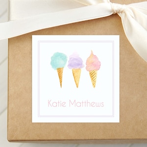 Gepersonaliseerde visitekaartje aquarel ijs, vierkante kaart kind briefpapier, cadeaukaartje zomermeisje