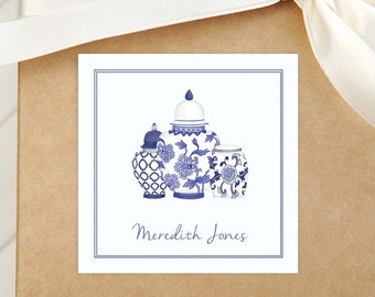 Personalized Ginger Jar Calling Card, Women Enclosure Card, Girl Blue Gift Tag