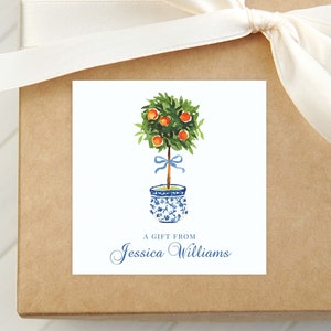 Personalized Watercolor Orange Topiary Calling Card, Women Bow Enclosure Card, Girl Gift Tag