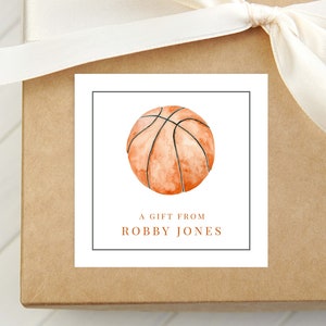 Tarjeta de presentación personalizada de baloncesto con acuarela, tarjeta adjunta para niño, etiqueta cuadrada de regalo deportiva
