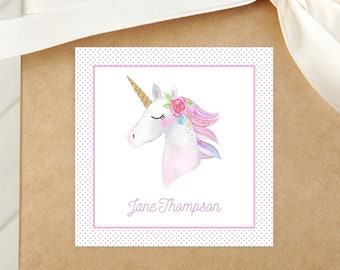 Personalized Watercolor Unicorn Calling Card, Girl Enclosure Card, Kid Colorful Square Gift Tag