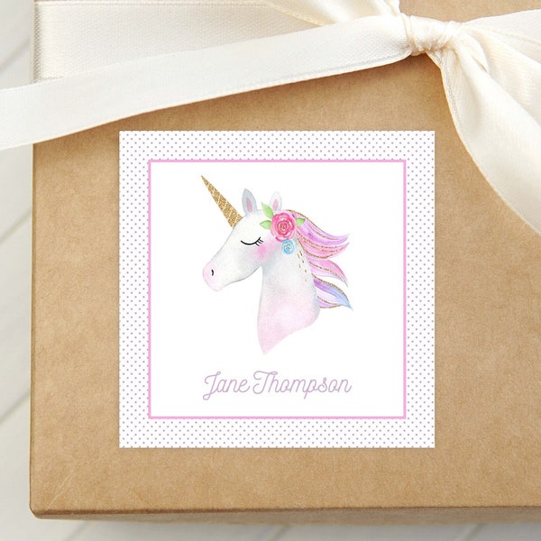 Personalized Watercolor Unicorn Calling Card, Girl Enclosure Card, Kid Colorful Square Gift Tag