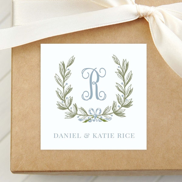 Personalized Laurel Wreath Calling Card, Blue Bow Enclosure Card, Women, Monogram Family Gift Tag