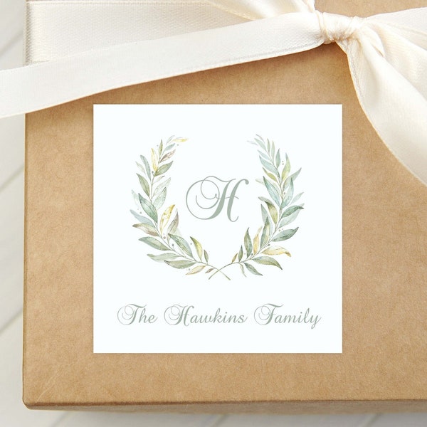 Personalized Watercolor Last Name Calling Card, Laurel Wreath Enclosure Card, Initial Family Gift Tag