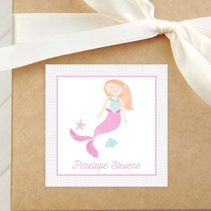 Gepersonaliseerde aquarel zeemeermin visitekaartje, bijsluiter meisje, vierkant cadeaulabel of sticker voor kinderen