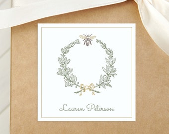 Personalized Bee Wreath Calling Card, Laurel Wreath Enclosure Card, Women Family Gift Tag