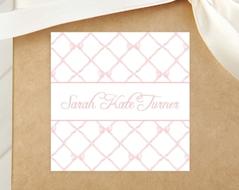 Personalized Watercolor Pink Bow Trellis Calling Card, Bow Girl Enclosure Card, Baby Gift Tag