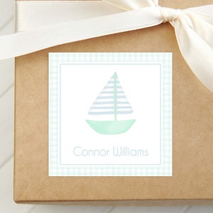 Personalized Watercolor Sailboat Calling Card, Boy Enclosure Card, Kid Square Gift Tag