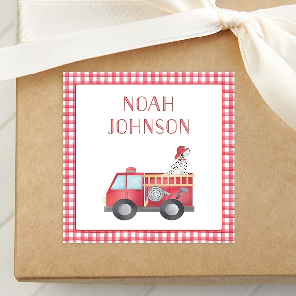 Personalized Firetruck Child Calling Card, Boy Enclosure Card, Square Gift Tag