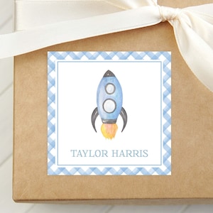 Personalized Watercolor Rocket Calling Card, Kid Stationery Space Square Card, Baby Boy Gift Tag