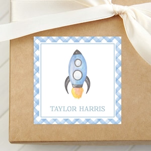 Gepersonaliseerde visitekaartje aquarel raket, briefpapier ruimte vierkante kaart voor kinderen, cadeaukaartje babyjongen