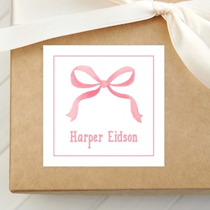Personalized Watercolor Pink Bow Calling Card, Bow Girl Enclosure Card, Baby Gift Tag