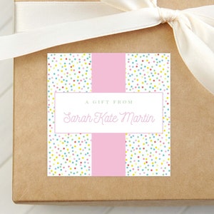 Tarjeta de presentación personalizada con confeti, tarjeta adjunta para niña, etiqueta de regalo cuadrada colorida para niños