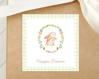 Personalized Bunny Wreath Calling Card, Girl Enclosure Card, Kid Rabbit Square Gift Tag