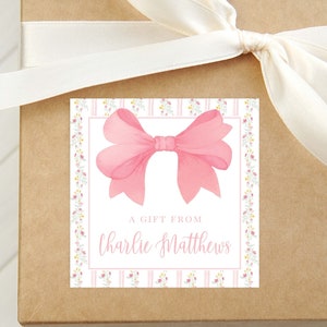 Tarjeta de presentación personalizada con lazo floral, tarjeta adjunta para niña, etiqueta de regalo cuadrada colorida