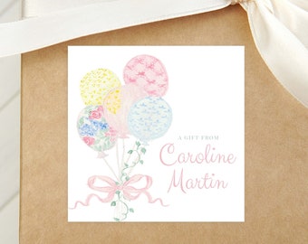 Personalized Watercolor Happy Birthday Calling Card, Balloons Enclosure Card, Child Birthday Gift Sticker