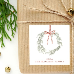 Cartão de visita ou adesivo de Natal personalizado em aquarela | Cartão com laço para guirlanda | Etiqueta de presente quadrada com inicial de família e adesivos