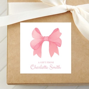 Personalized Watercolor Pink Bow Calling Card, Bow Girl Enclosure Card, Baby Gift Tag