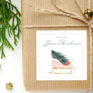 Gepersonaliseerde aquarel slee visitekaartje of sticker | Bijsluiter kerstkaart | Family Square-cadeaukaartje en stickers