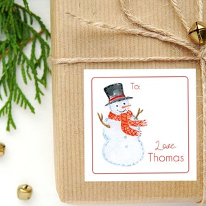 Gepersonaliseerde kerstsneeuwpop visitekaartje of sticker |  Bijsluiterkaart | Family Square-cadeaukaartje en stickers