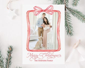 Custom Personalized Photo Christmas Cards - Red Bow Border
