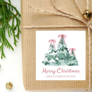 Tarjeta de visita o calcomanía personalizada con lazo navideño de acuarela / Tarjeta para árbol de Navidad / Etiqueta de regalo cuadrada familiar y calcomanías
