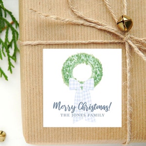 Personalized Watercolor Christmas Calling Card or Sticker | Wreath Bow Enclosure Card | Family Square Gift Tag and Stickers