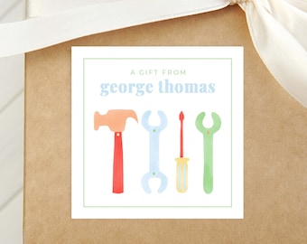 Personalized Watercolor Tools Calling Card, Boy Enclosure Card, Square Gift Tag