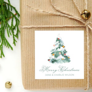 Personalized Watercolor Christmas Tree Calling Card or Sticker | Christmas Tree Enclosure Card | Family Square Gift Tag and Stickers