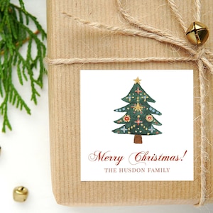 Personalized Watercolor Christmas Tree Calling Card or Sticker | Christmas Tree Enclosure Card | Family Square Gift Tag and Stickers