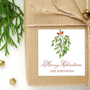 Personalized Watercolor Christmas Calling Card or Sticker | Mistletoe Enclosure Card | Family Holiday Square Gift Tag and Stickers