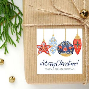 Tarjeta de presentación o calcomanía con adorno navideño personalizado / Tarjeta adjunta con adornos / Etiqueta de regalo y calcomanías cuadradas familiares