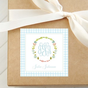 Personalized Monogram Floral Wreath Calling Card, Blue Girl Enclosure Card, Square Gift Tag