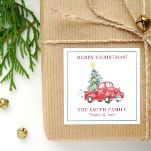 Personalized Watercolor Christmas Calling Card or Sticker | Christmas Tree Truck Enclosure Card | Family Square Gift Tag and Stickers