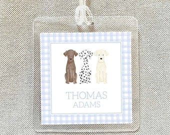 Personalized Watercolor Dog Bag Tag, Laminated Boy Luggage Tag, Gingham Diaper Bag Tag