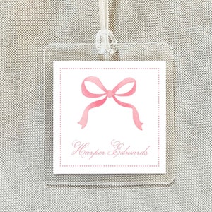 Personalized Watercolor Pink Bow Bag Tag, Laminated Monogram Luggage Tag, Diaper Bag
