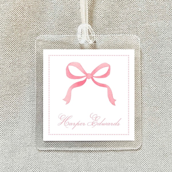 Personalized Watercolor Pink Bow Bag Tag, Laminated Monogram Luggage Tag, Diaper Bag