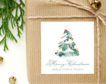 Personalized Watercolor Christmas Tree Calling Card or Sticker | Christmas Tree Enclosure Card | Family Square Gift Tag and Stickers