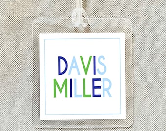 Personalized Blue & Green Bag Tag, Laminated Square Boy Luggage Tag, Diaper Bag Tag