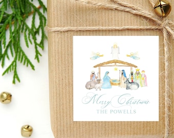 Personalized Watercolor Nativity Calling Card or Sticker | Nativity Enclosure Card | Family Square Gift Tag and Stickers