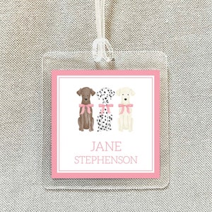 Personalized Watercolor Dog Bag Tag, Laminated Girl Luggage Tag, Pink Bow Diaper Bag Tag