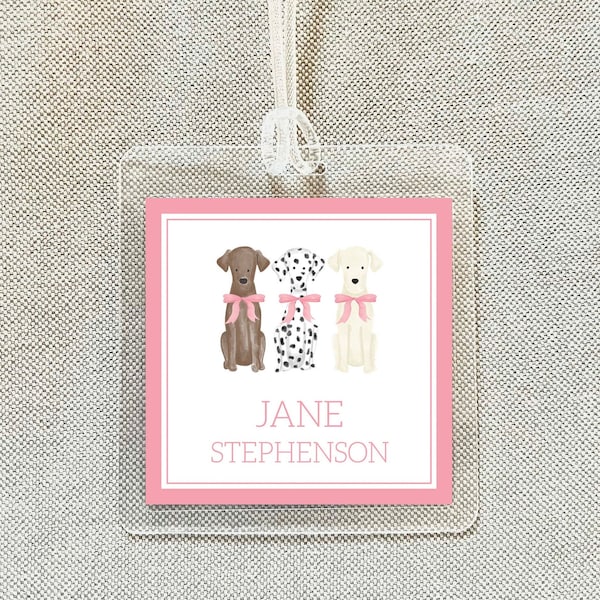 Personalized Watercolor Dog Bag Tag, Laminated Girl Luggage Tag, Pink Bow Diaper Bag Tag